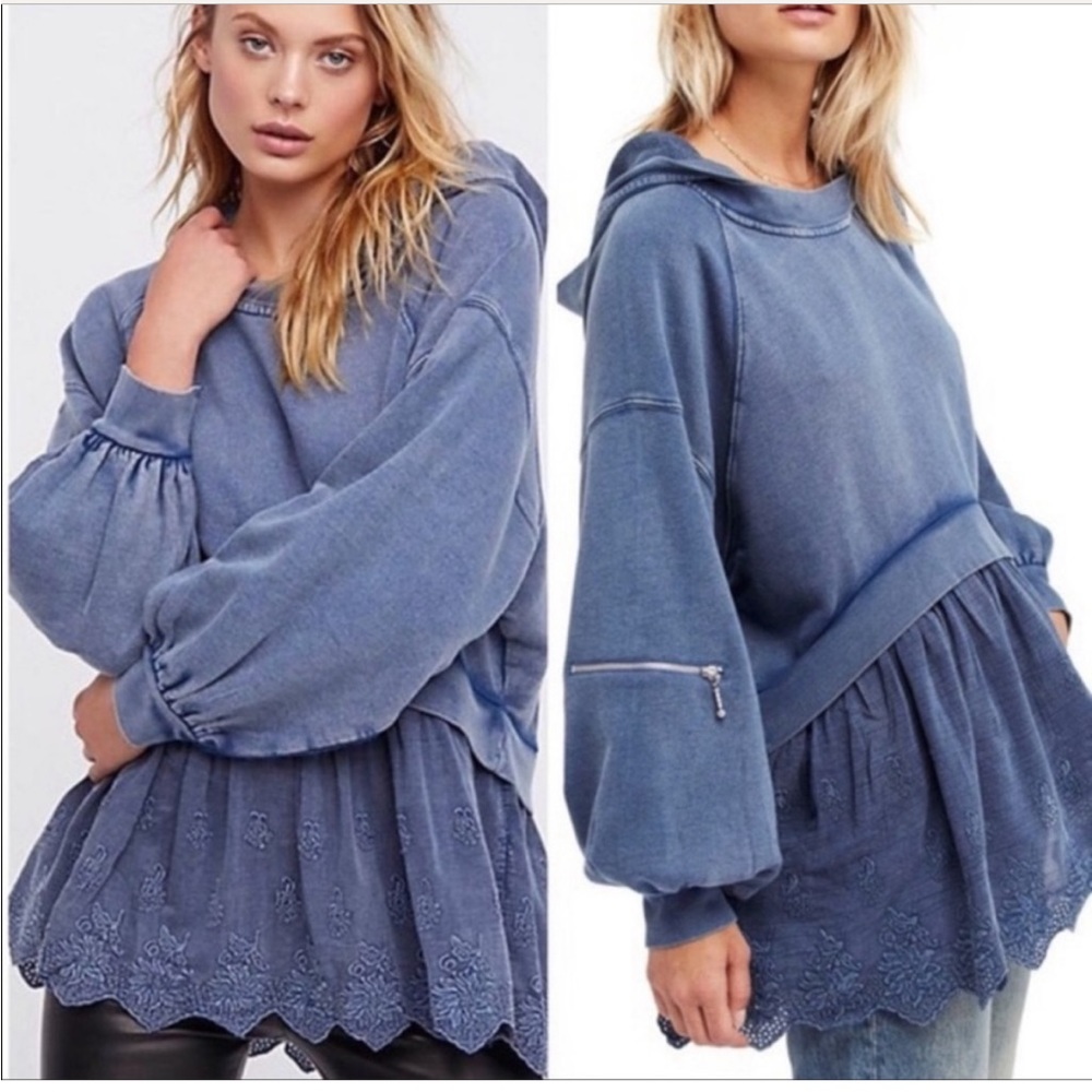 Free People Sweet Streets Hoodie Blue Oversized Lace Skirt Balloon Sleeve